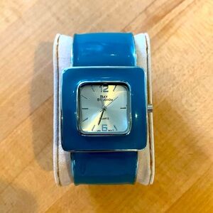 Vintage 90’s Y2K Enameled Teale Blue Cuff Style Watch from Bay Studios